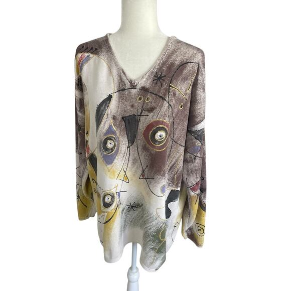 Vintage Kolorway Cotton Hand Painted Sweater Neutral Women's Size 2 Art To Wear - Picture 3 of 13